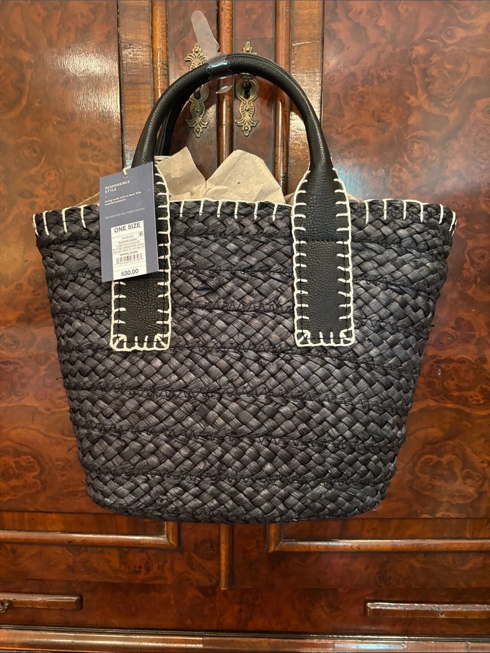 Universal Thread Black Woven Tote with Cream Stitching